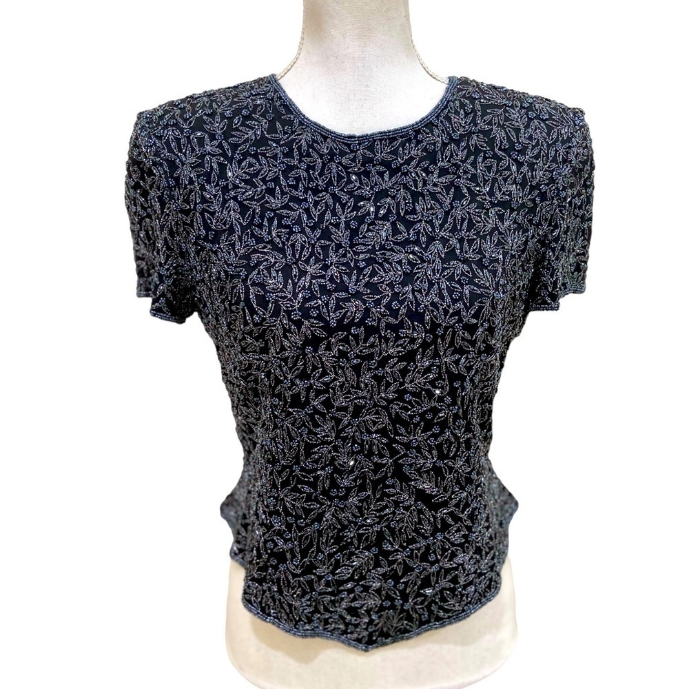 Vintage Papell Boutique beaded 100% silk short sleeve blouse back zip large pet